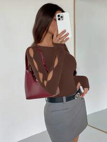 Siren Gaze 女士纯色镂空长袖休闲圆领T恤 - 咖啡棕 - 查看 2