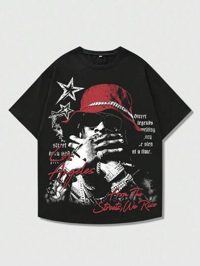 Street Life تي شيرت أسود بياقة مستديرة وأكمام قصيرة للمرأة ذات الحجم الكبير