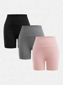 SHEIN Girlism 3条/套 少女修身休闲纯色舒适宽腰短裤 女童骑行短裤 女童瑜伽短裤 3条装短裤