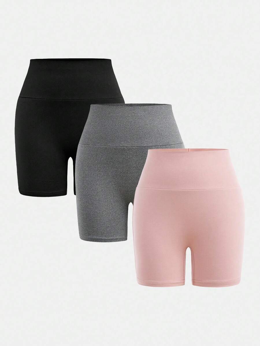 SHEIN Girlism 3条/套 少女修身休闲纯色舒适宽腰短裤 女童骑行短裤 女童瑜伽短裤 3条装短裤