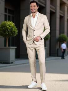 Calvornis Men's Casual Business All-Over Print Suit Jacket And Pants Set, Lapel Collar - Khaki - View 5