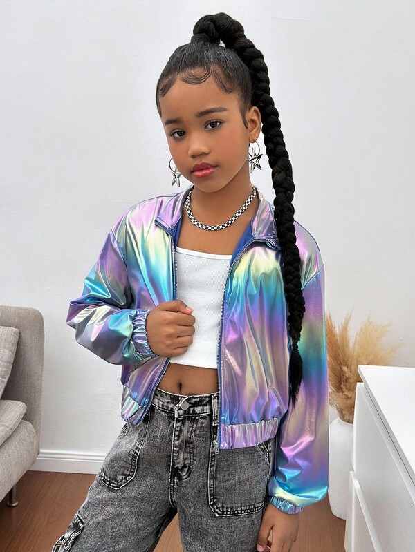 SHEIN Tween Girl Casual Solid Color Woven Short Jacket Coat Girls Iridescent Jacket,In Fall/Winter