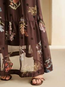 Anewsta Women's Spring Vacation Floral Print Ruffle Hem Fashionable A-Line Skirt - Brown - View 6