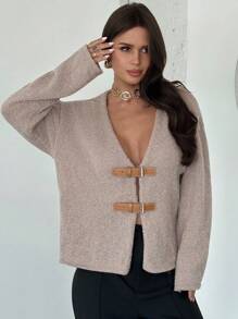 Firerie Women's Elegant Light Beige Cardigan,Autumn Front Contrast Leather Buckles Knitted Sweater,Dropped Shoulder Long Sleeve Brunch Top,Old Money Style - Apricot - View 8