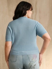 Anewsta Plus Size Hollow Crochet Asymmetrical Floral Knit Sweater - Blue - View 2