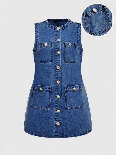 SHEIN MOD 大码牛仔无袖迷你连衣裙，休闲修身，蓝色