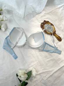 DelicateAllure Contrast Color Lace Patchwork Underwire Padded Butterfly Decor Women's Bra Lace Bra Light Blue Bra Lace Push Up Bra Bras For Women Light Blue Lace Bra  Cozy And Elegant Details - Baby Blue - View 2