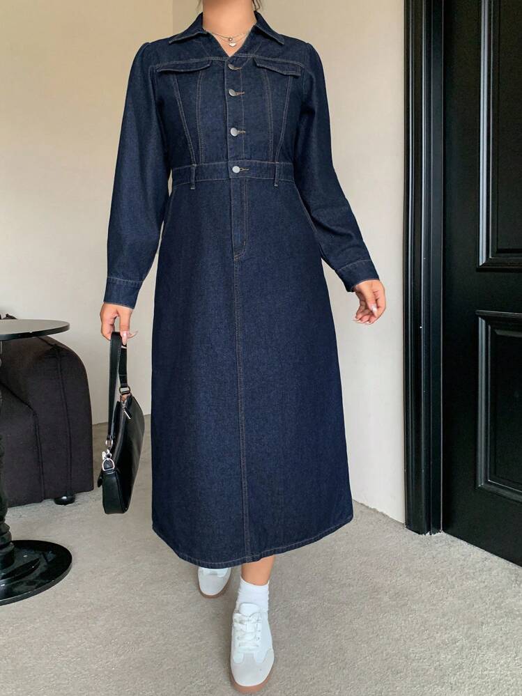 Dazy Plus 大码女式深色水洗牛仔长袖连衣裙 秋季女装 曲线牛仔连衣裙 长款连衣裙 - 深色水洗藍 - 查看 3