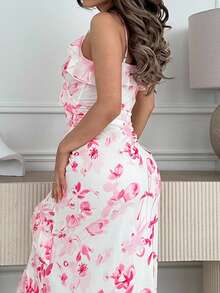 Jemour 女式花卉印花荷叶边吊带连衣裙，不对称荷叶边连衣裙，长款细肩带连衣裙，粉色花卉连衣裙，适合情人节、音乐会、演出、约会、派对、婚礼、性感、优雅、通勤、返校、度假、海滩、浪漫 - 彩色 - 查看 4