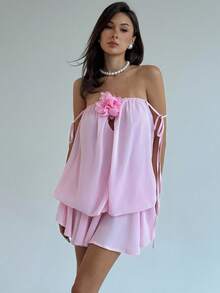 Aloruh Váy ngắn bandeau họa tiết hoa một bên vai ngọt ngào và cay nồng dành cho nữ, viền nhún bèo, quần short an toàn tích hợp để tránh hở hang - Hồng - Xem 10