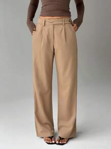 Flirla 1pc Women's Casual, Daily, Commuting, Shopping Asymmetrical Waist Relaxed Fit Pants - Khaki - View 4