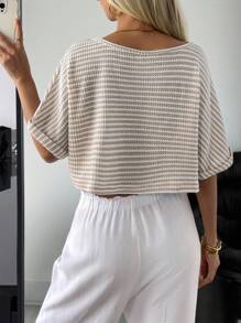 SHEIN EZwear Semi-Sheer Knitted Scoop Neck T-Shirt In Khaki With Asymmetrical Design Striped Crop Top Cropped Knit Top - Khaki - View 2
