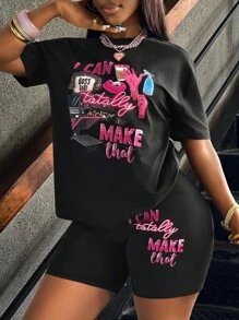 Rovax 女士夏季休闲两件套 - 标语印花圆领短袖T恤和短裤 - 黑色 - 查看 5