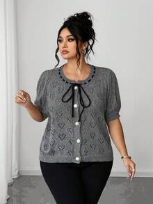 Elenzga Áo len cardigan dệt kim tay phồng khoét lỗ phía trước cỡ lớn cho nữ - Xám - Xem 3