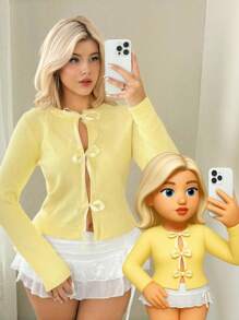 Sweetina Women's Solid Color Yellow Cardigan With Bow Front Fall Women Cardigan