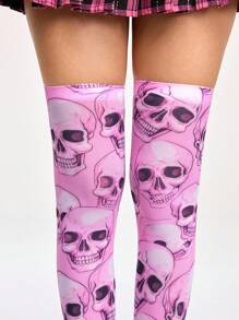 ROMWE Grunge Punk 不对称骷髅印花长款过膝袜，甜美哥特洛丽塔百搭时尚派对长袜，万圣节 - 粉色 - 查看 1