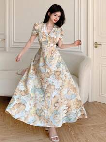 Modelyn 女士十字领、珍珠纽扣装饰和泡泡袖修身连衣裙 - 彩色 - 查看 7