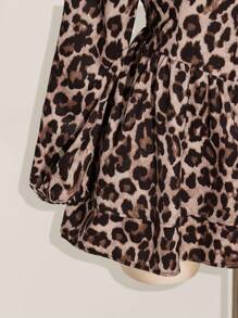 SHEIN ICON Plus Size Leopard Print Lantern Sleeve Cinched Waist A-Line Mini Dress,Beige,Autumn,Classy,Night Out Club,Y2K Style Long Sleeve Dates Parties Dress - Multicolor - View 7