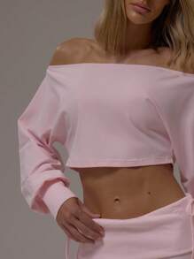 MUSERA Long Sleeve Off The Shoulder Cropped Cuffed Sleeve Top Casual Airport Loungewear Fall Elegant Spring Summer - Baby Pink - View 2