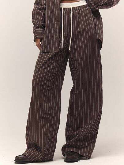 MUSERA Relaxed Cream Drawstring Waist Striped Wide Leg Trousers Only Old Money Cute Country Cottage Core Back To School Casual For Women Butterscotch Pants