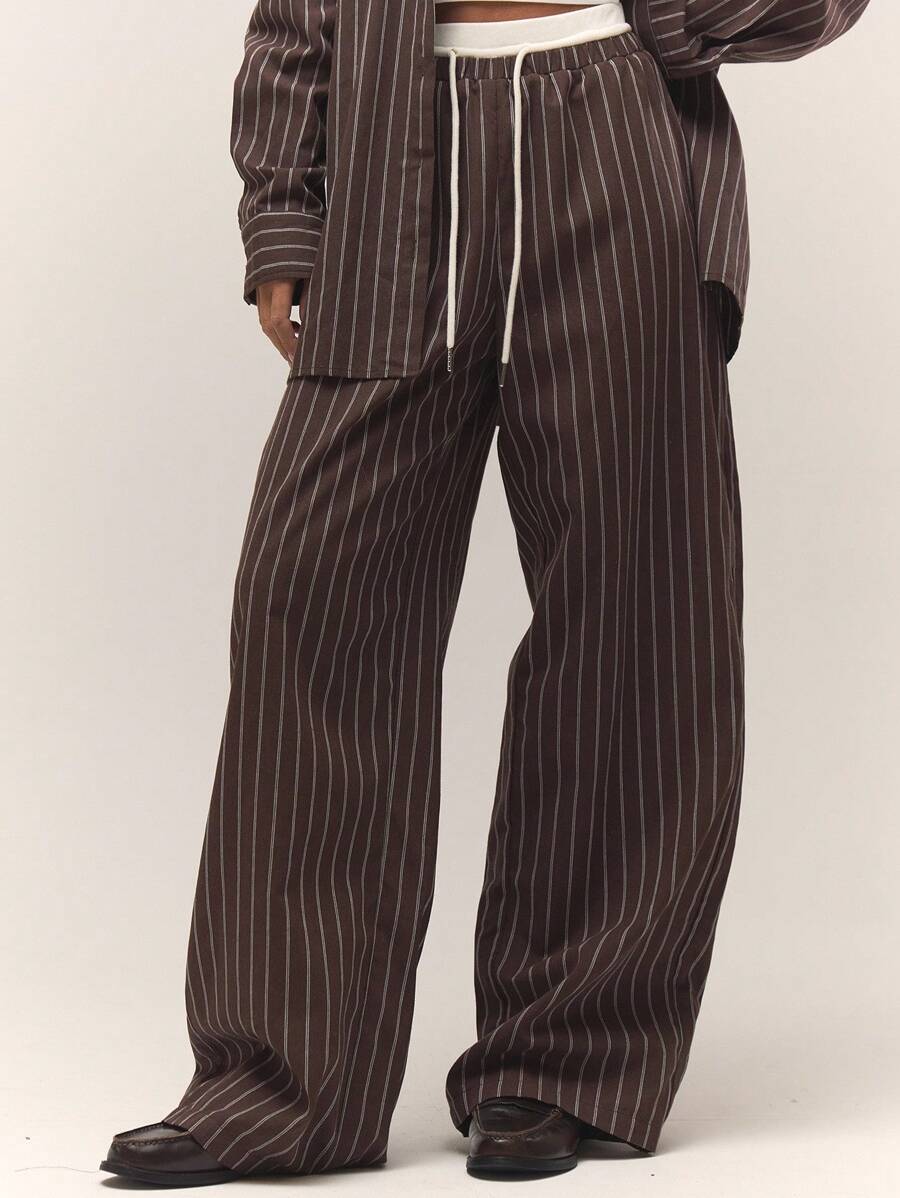 MUSERA Quần ống rộng kẻ sọc màu kem dáng thoải mái, cạp chun, chỉ có dây rút, phong cách cổ điển, dễ thương, đồng quê, nhà tranh, thường ngày cho nữ sinh, màu caramel, mùa hè. - Nhiều màu - Xem 1