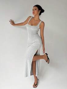 FavEase Damen einfarbiges Maxikleid mit Schlitz-Saum für den täglichen Gebrauch - Hellgrau - Übersicht 6