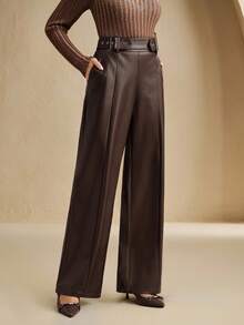 Anewsta 女士棕色系带修身直筒仿皮裤，优雅的秋冬春装，适合新年和圣诞节穿着。