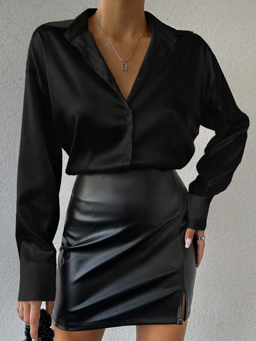 EURMUSE Women's Long Sleeve Solid Color Shirt, Spring/Summer - Black - View 1
