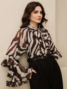 Anewsta Blusa elegante de cuello redondo con mangas de campana raglán, tirantes finos y estampado semitransparente - Marrón - Ver 6