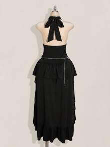 SHEIN ICON Vestido de talla grande con cuello en pico, halter, cintura alta, volantes y bajo asimétrico sin espalda - Negro - Ver 2