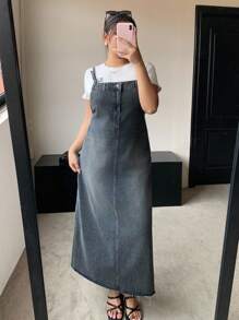 Dazy Plus 水洗浅蓝色宽松牛仔背带裙，四季百搭