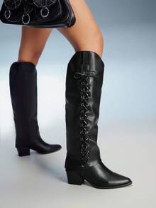 CUCCOO GRLICON 女式中筒靴，黑色，适合圣诞节、新年晚会、约会之夜、万圣节装扮，秋季 - 黑色 - 查看 3