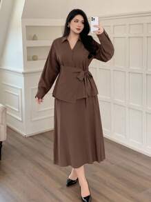 Dazy Plus 2pcs/Set Solid Color Tie-Waist Loose Long Sleeve Shirt & Skirt, Business Casual Commuter Outfit For Plus Size Women - Brown - View 4