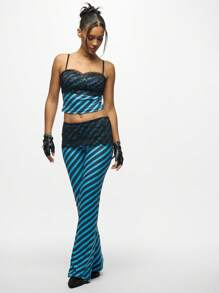 SUMWON WOMEN 斜条纹蕾丝边阔腿裤晚会长裤复古俱乐部服装时尚个性下装秋冬场合魅力 - 藍色 - 查看 3