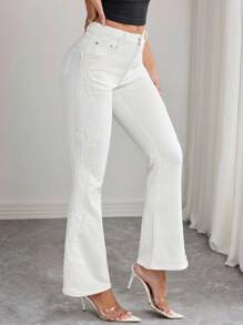 Elenzga 女式口袋撞色蕾丝喇叭优雅牛仔裤 - 白色 - 查看 5