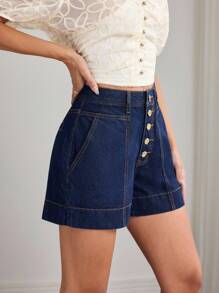 Elenzga Summer Casual Button-Up Distressed Denim Shorts ,Elegant Lady