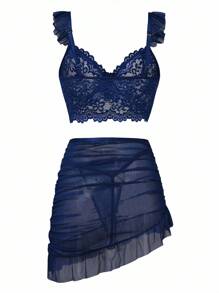 3 件套：性感荷叶边肩带蕾丝文胸 + 丁字裤 + 荷叶边腰裙，适合外出