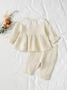 2 件套新生儿女童杏色长袖上衣和裤子套装，家居服，带蕾丝领口饰边，款式可爱，梭织面料