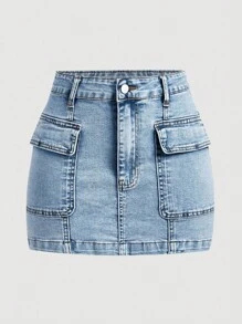 SHEIN CURVE+ Váy cargo denim wash dáng rộng mùa hè cỡ lớn - Màu xanh lam - Xem 1