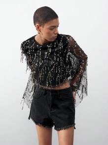 Maija Women's Sparkle Sequined Mesh Top With Flare Sleeves, Perfect For Parties,Autumn Outfits For Women, Christmas Women's Clothing