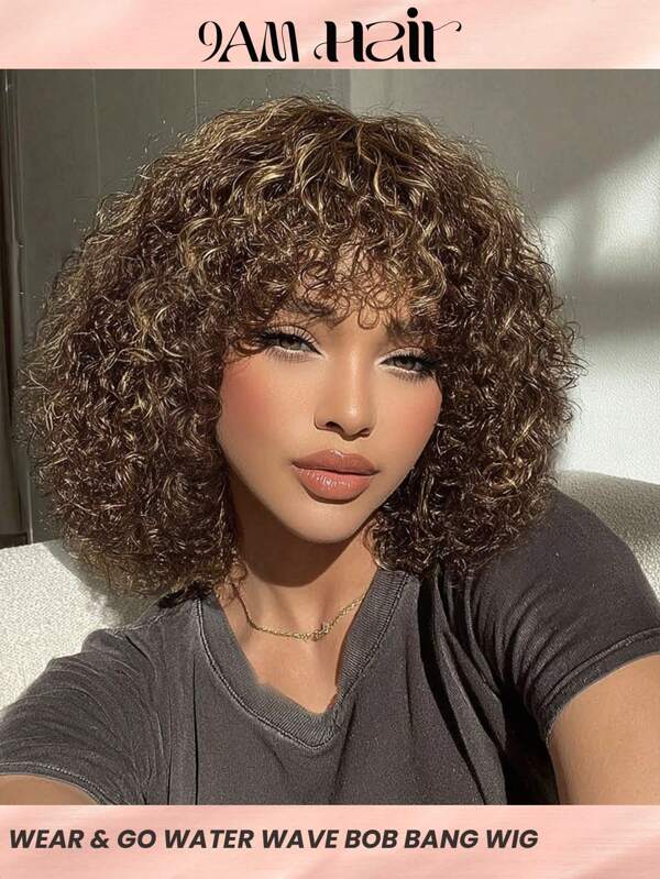 Density Pro Fluffy Highlight Curly Bob Wig With Bangs Human Hair 12 Inch Water Wave Wear To Go Bob Bang Wig 250% Density Ombre 4/27 Color Jerry Curl