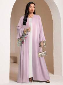 Al Najma Women's Floral Embroidered Mesh Flare Sleeve Arabic Abaya Cardigan