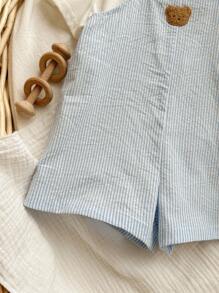 2 件套男婴/女婴夏季蓝白条纹背带裤短裤和渔夫帽套装，适合居家、郊游、海滩休闲装 - 藍白色 - 查看 4