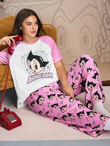Astro Boy X SHEIN Große Größen Cartoon Figur Grafik Farbblock Kurzarm Top und Hose Pyjama Set Damen Pyjamas Rosa Pyjamas Charakter Pyjamas Herbstbekleidung - Pink - Übersicht 4