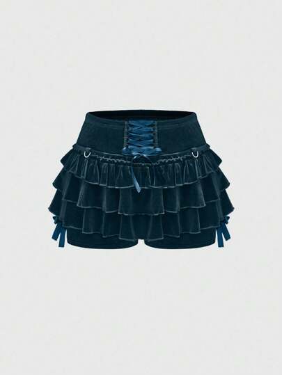 Goth Dark Retro Velvet Ruffle Hem Front Tie Bow Shorts For Women, Fashionable Color