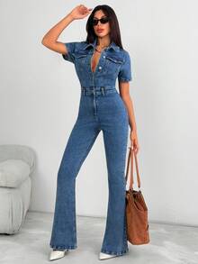 EURMUSE Button Front Medium Wash Denim Jumpsuit Denim Jumpsuit Women Blue Jean Jumpsuit Flare Jumpsuit Jean Jumpsuit Womens Jumpsuit - Medium Wash - View 4
