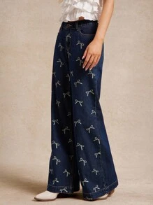 WESTFADE 中腰蝴蝶结印花棉混纺牛仔宽松阔腿牛仔裤 夏季纳什维尔女牛仔风 - 深色水洗藍 - 查看 3