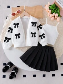 SHEIN 3pcs Young Girls Knitted Bowknot Cardigan, Ribbed Camisole, And Pleated Skirt Set, Fashionable Children Casual Outfit For Autumn Fall Winter - White - View 3