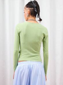 COUREZ 透视长袖裹身针织上衣 / Y2K 女装可爱上衣外出上衣性感 - 綠色 - 查看 3