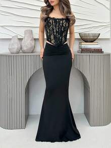 Jemour Falda Con Volante Delantero Y Dobladillo De Cola De Sirena Para Primavera Y Verano - Negro - Ver 5